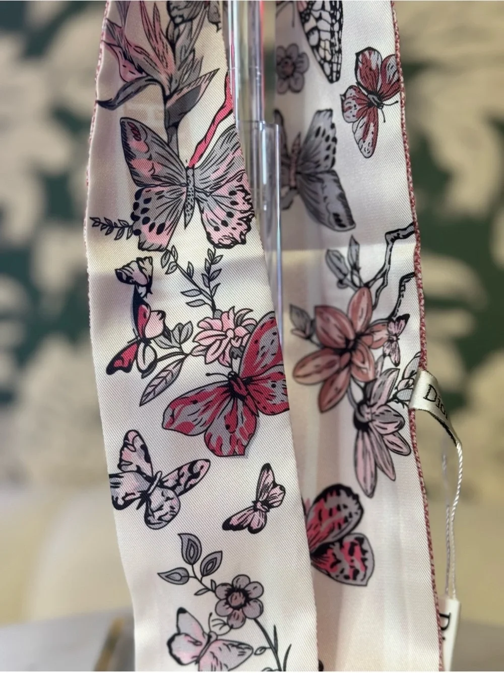 Dior Floral & Pink Silk Twill Scarf Wrap with Butterfly Design NWT NIB